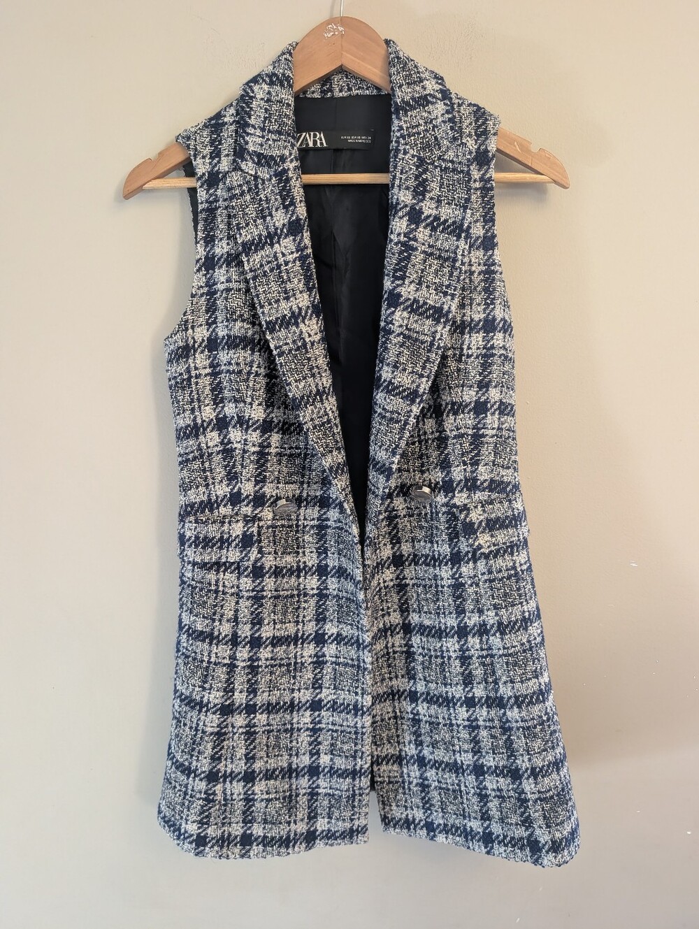 Zara Blue Gray Tweed Plaid Sleeveless Blazer Vest Size XS